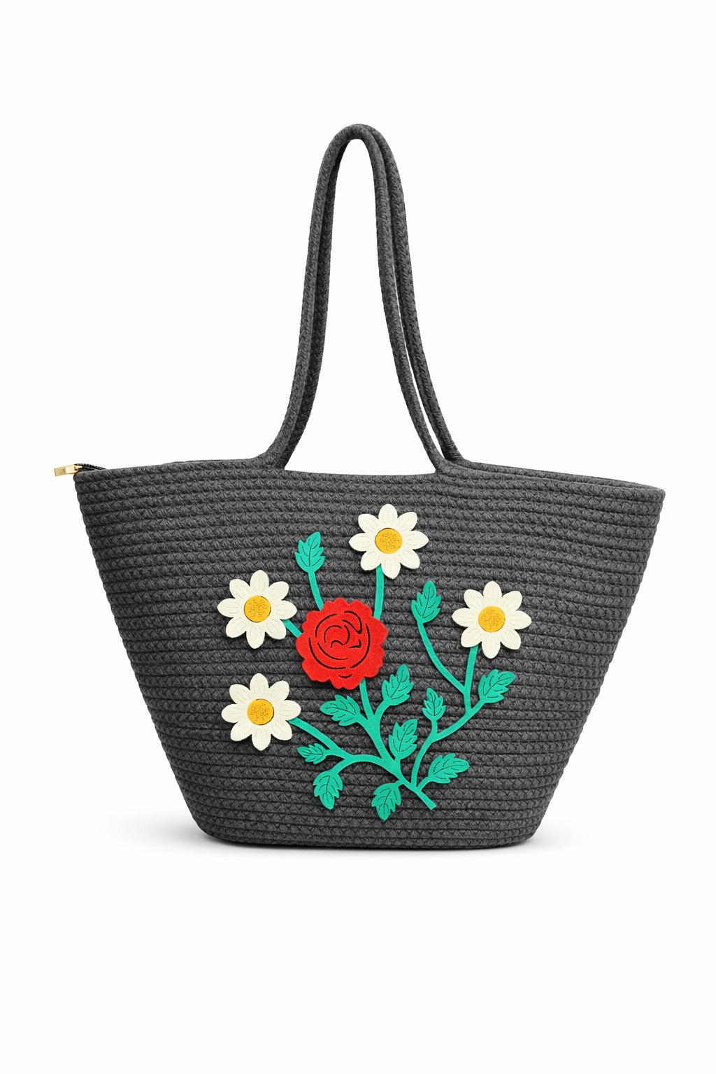 jutepie charcoal grey woven tote bag featuring vibrant floral embroidery with a red rose and white daisies