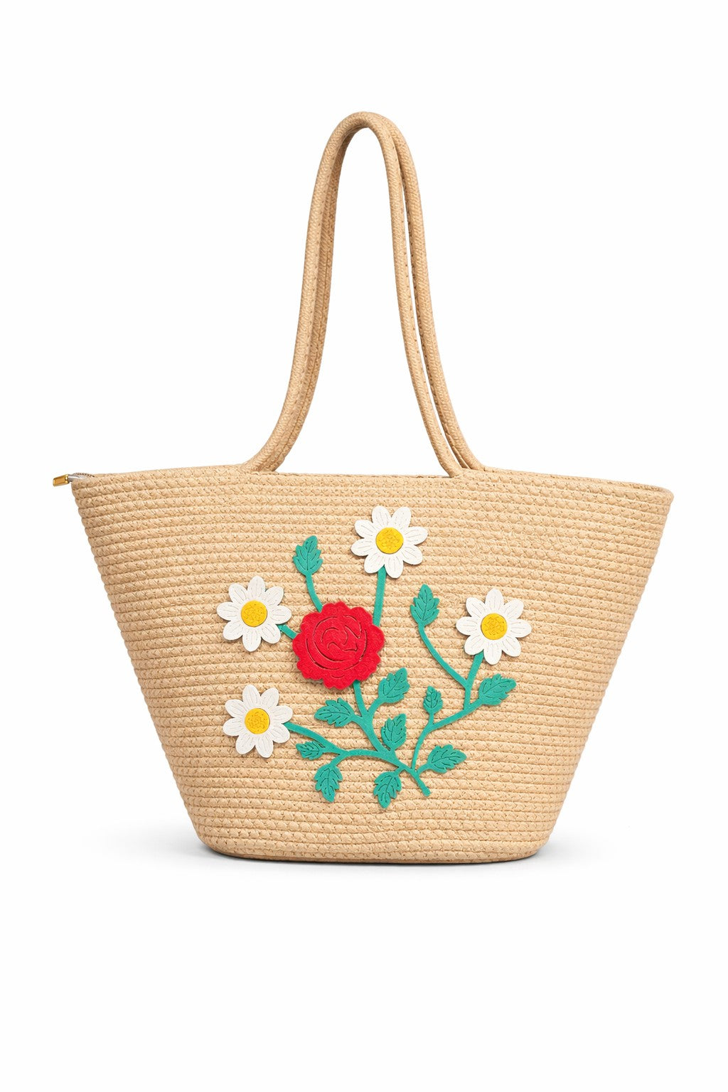 jutepie floral embroidered tote bag in beige woven material with red and white flower applique and shoulder straps