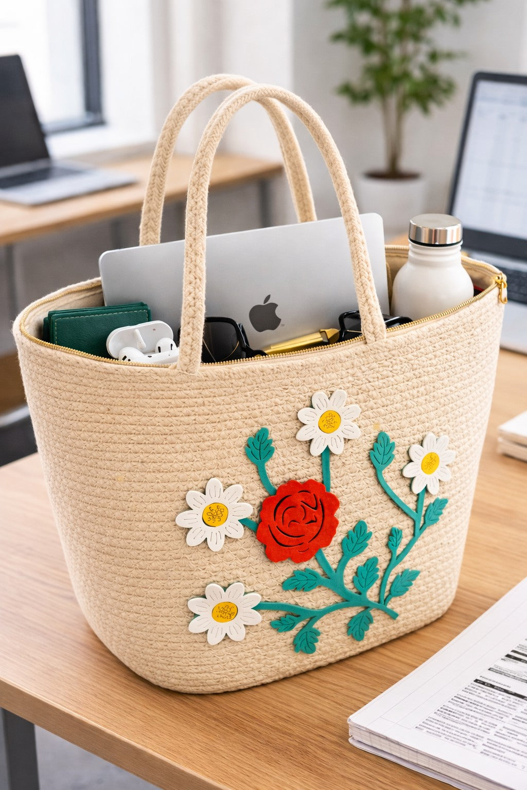 jutepie beige woven tote bag with floral embroidery, featuring a spacious interior filled with daily essentials.
