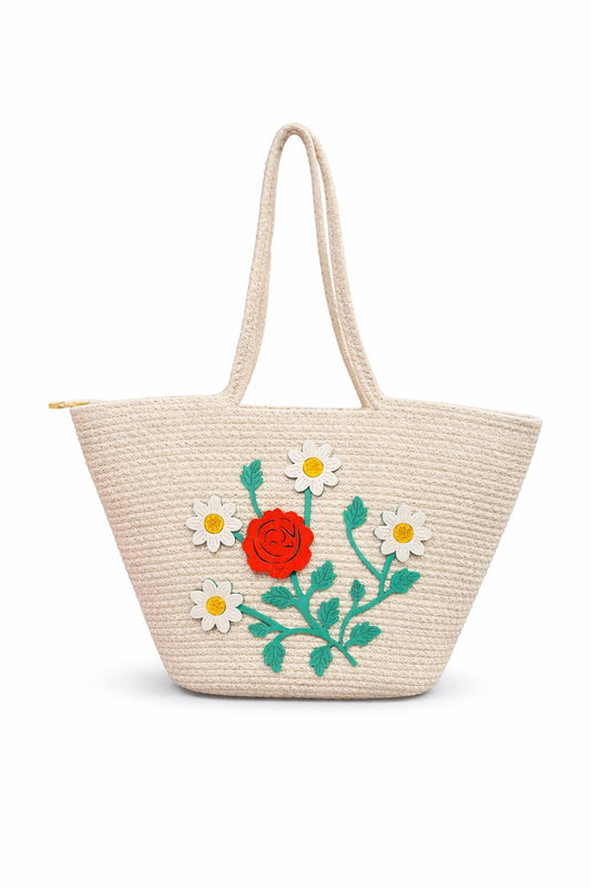 jutepie beige woven tote bag with vibrant floral embroidery featuring a red rose and white daisies