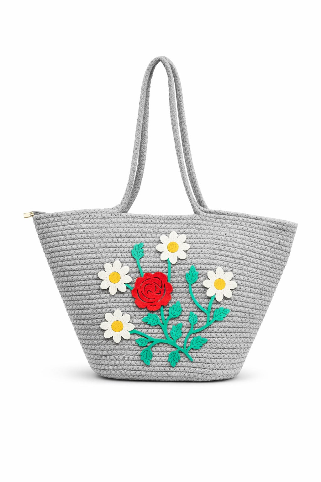 jutepie grey woven tote bag with floral embroidery featuring a red rose and white daisies on a white background