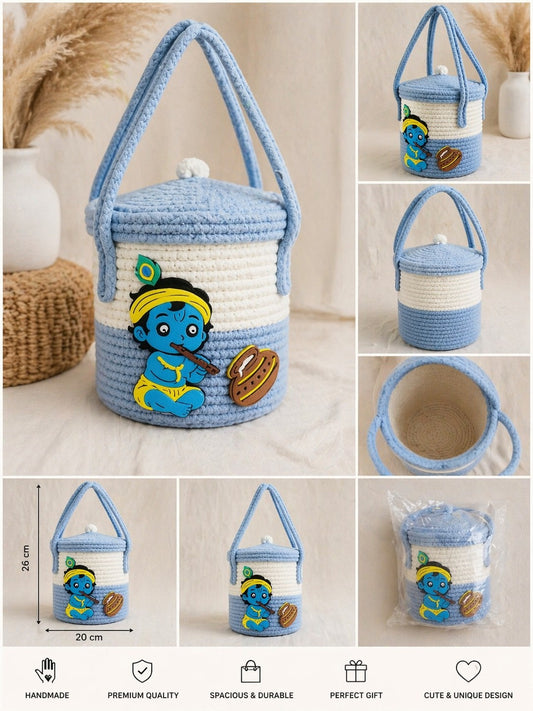 jutepie handcrafted blue and white cotton crochet storage basket with a cute baby Krishna design and lid