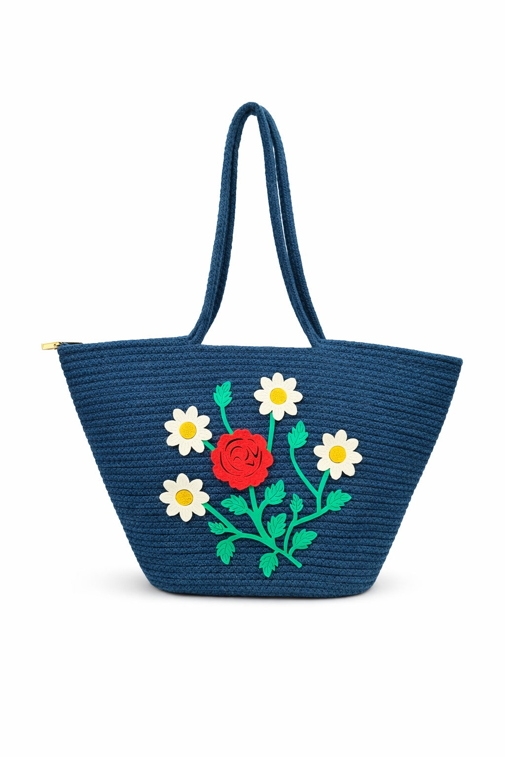 jutepie navy blue woven tote bag featuring handcrafted floral embroidery with a red rose and white daisies