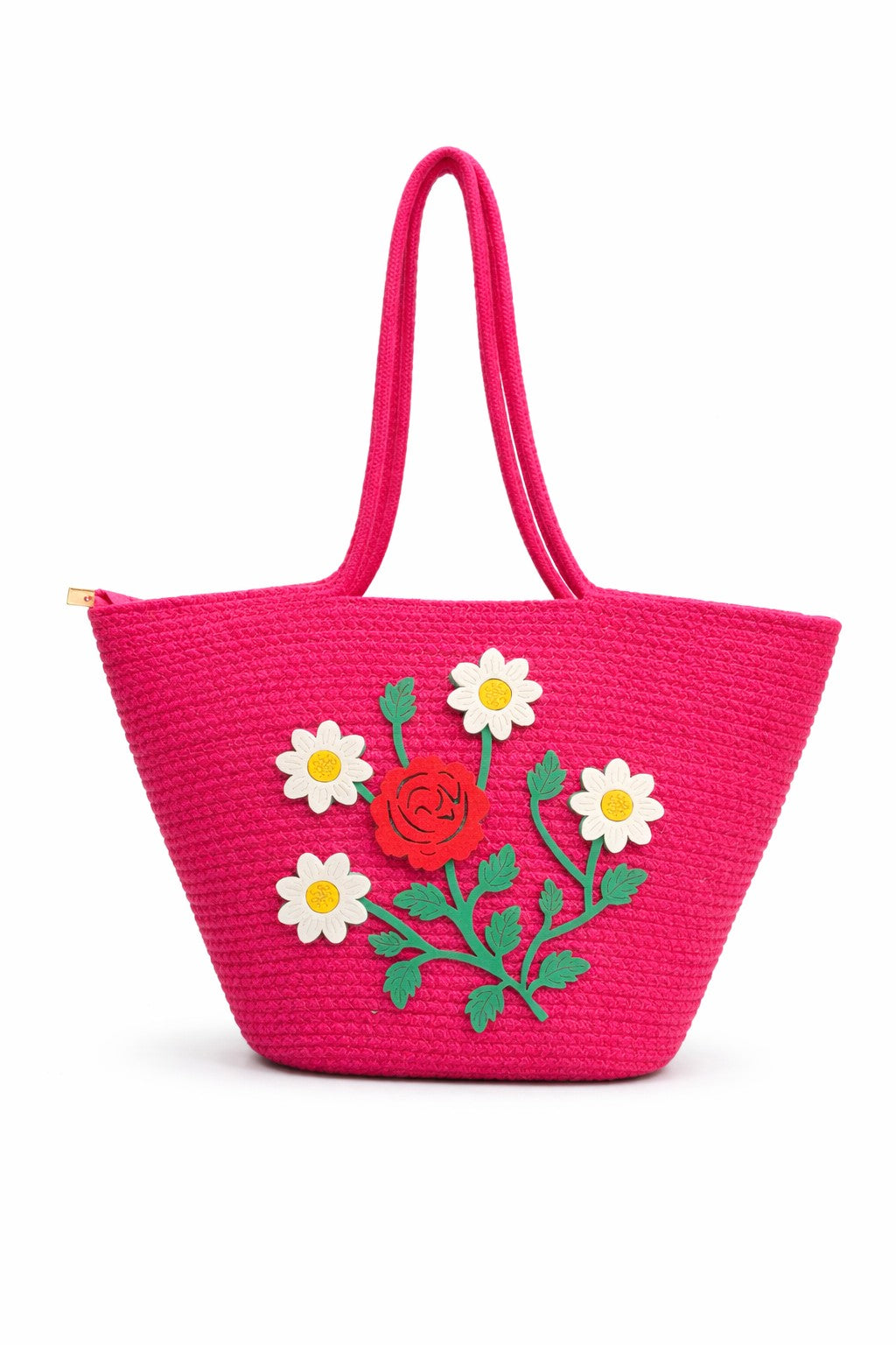 jutepie hot pink woven tote bag with floral embroidery featuring white daisies and a red rose on a white background