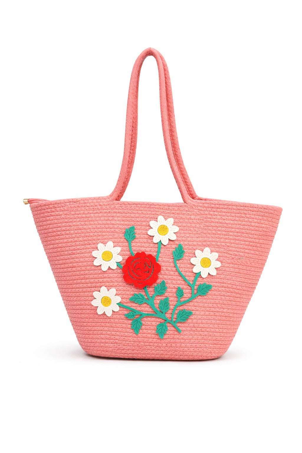 jutepie pink woven tote bag with floral embroidery featuring a red rose and white daisies, shoulder straps, zip top