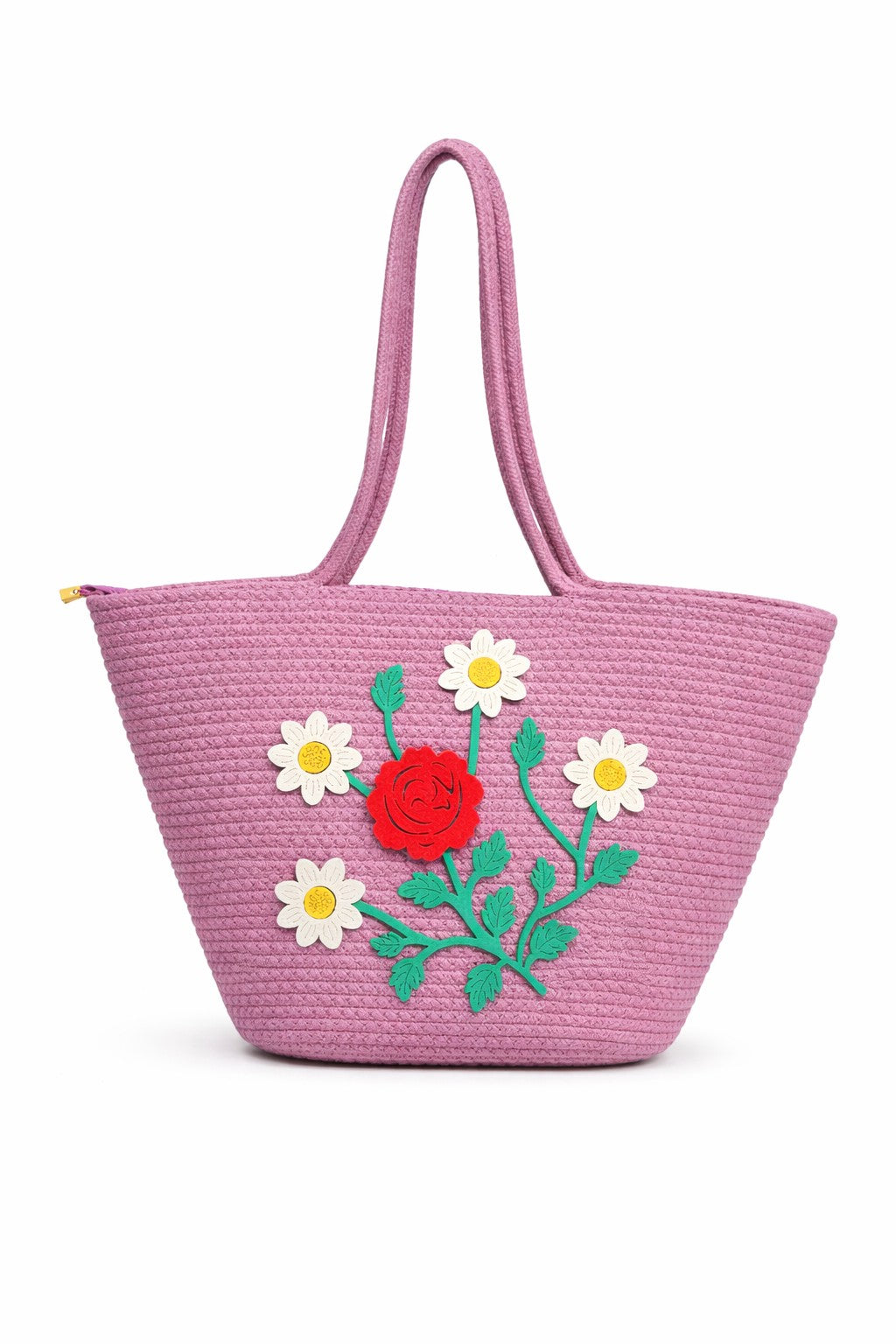 jutepie purple woven tote bag with vibrant floral embroidery, featuring comfortable shoulder straps and zip closure.