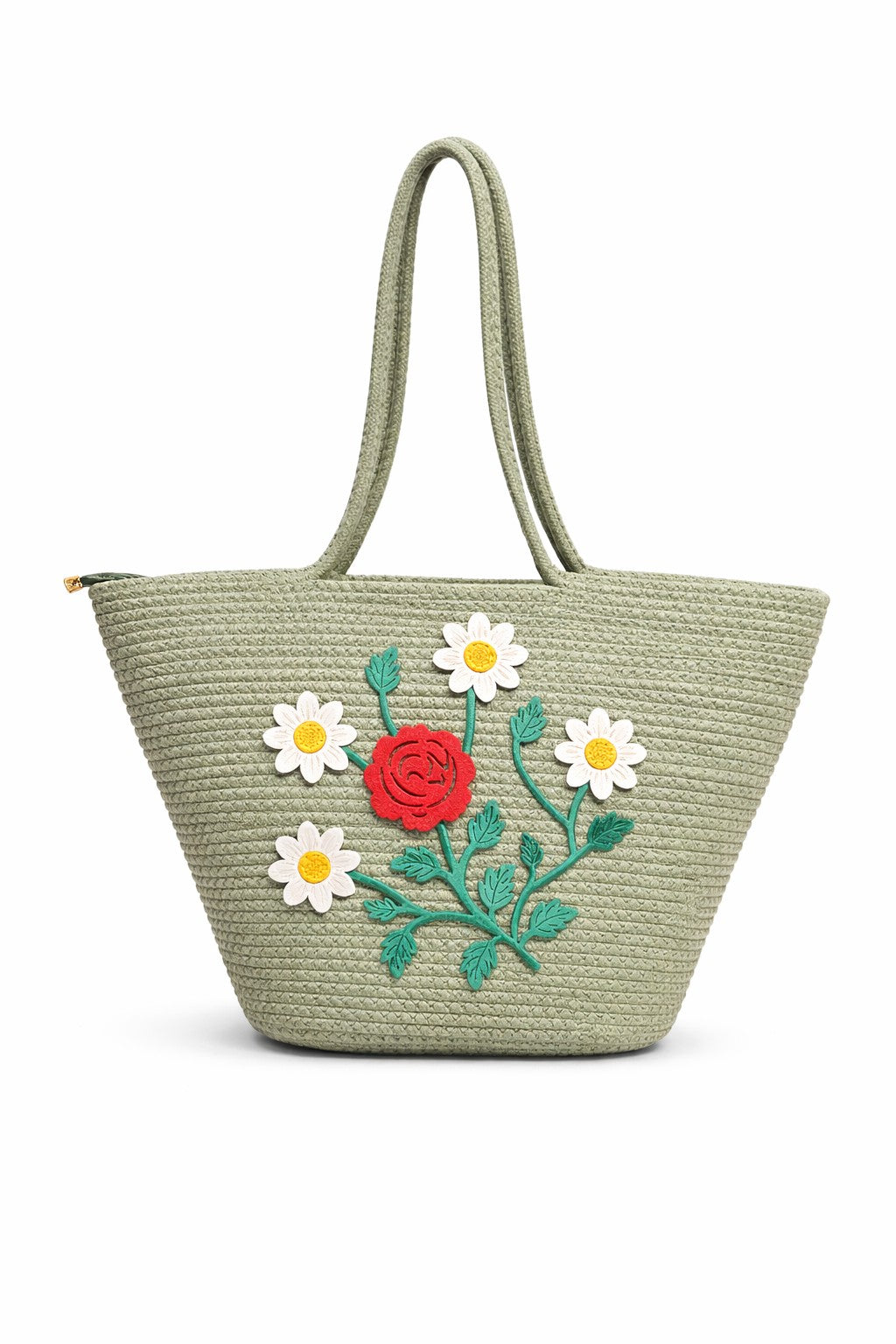 jutepie sage green woven tote bag with vibrant floral embroidery featuring a red rose and white daisies