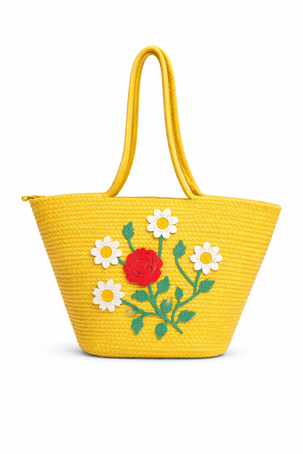 jutepie yellow woven tote bag featuring floral embroidery with a red rose and white daisies on a white background